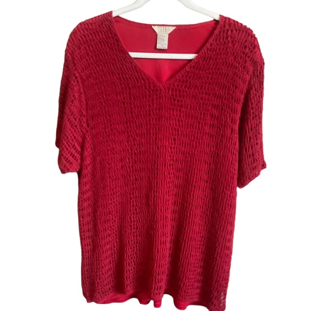 Vintage TEDDI Woman’s Red Open Knit Overlay Short Sleeve Top. Size 2X.